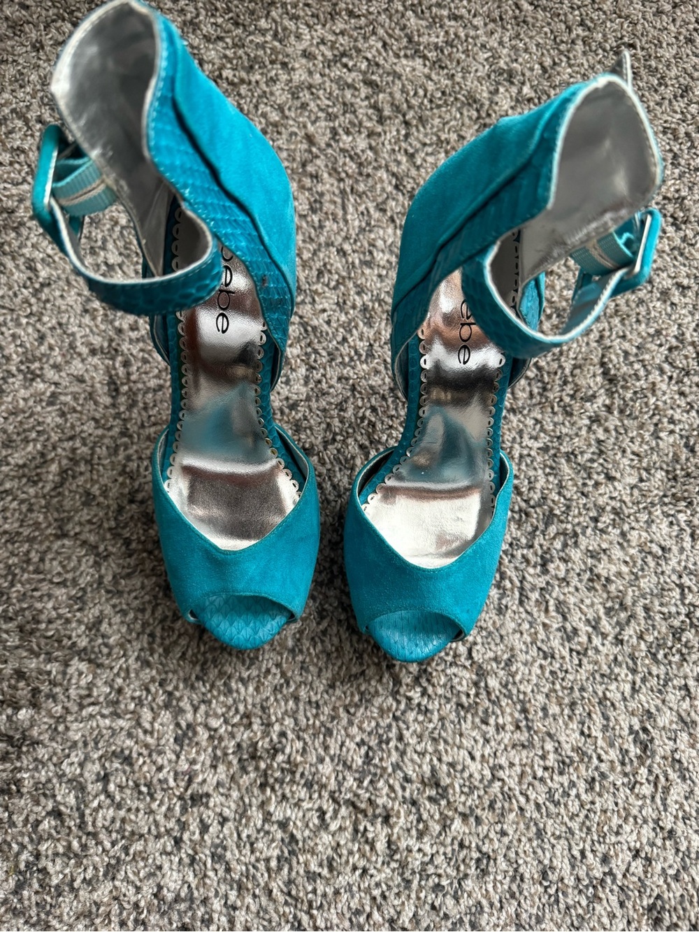 bebe Teal Suede Peep-Toe Ankle Strap Heels